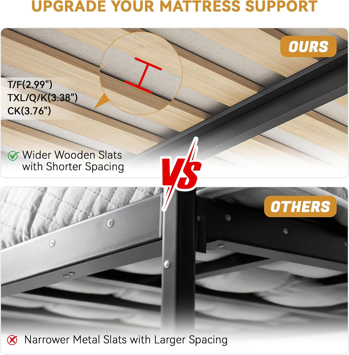 Underbed close-up comparison highlighting wider wooden slats with shorter spacing versus narrower metal slats