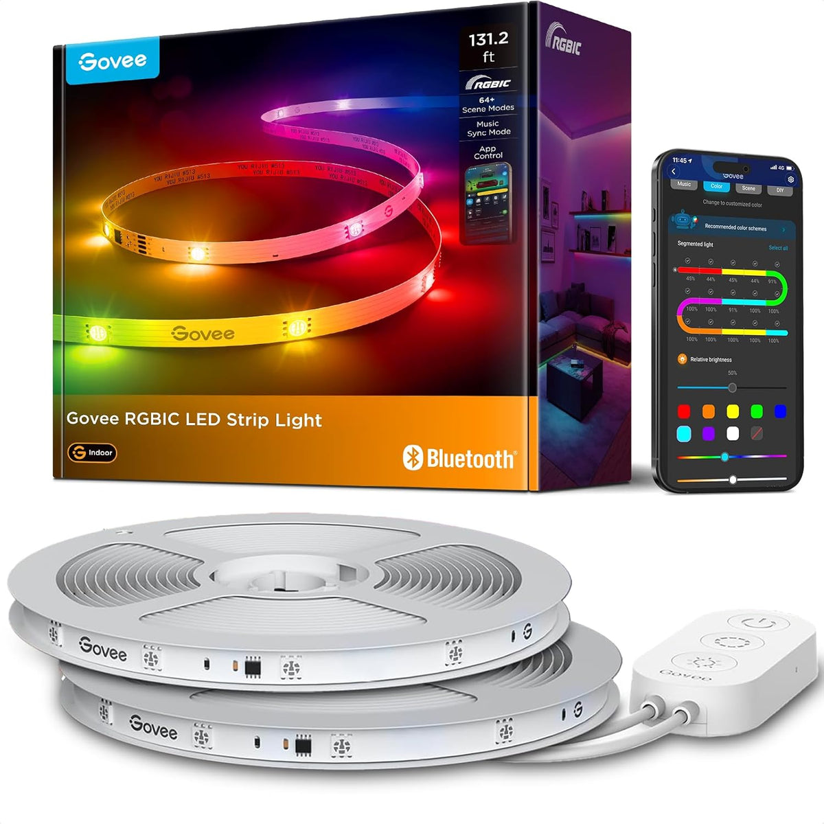 Close-up of product box beside stacked LED reels, white inline controller and a smartphone showing the app UI