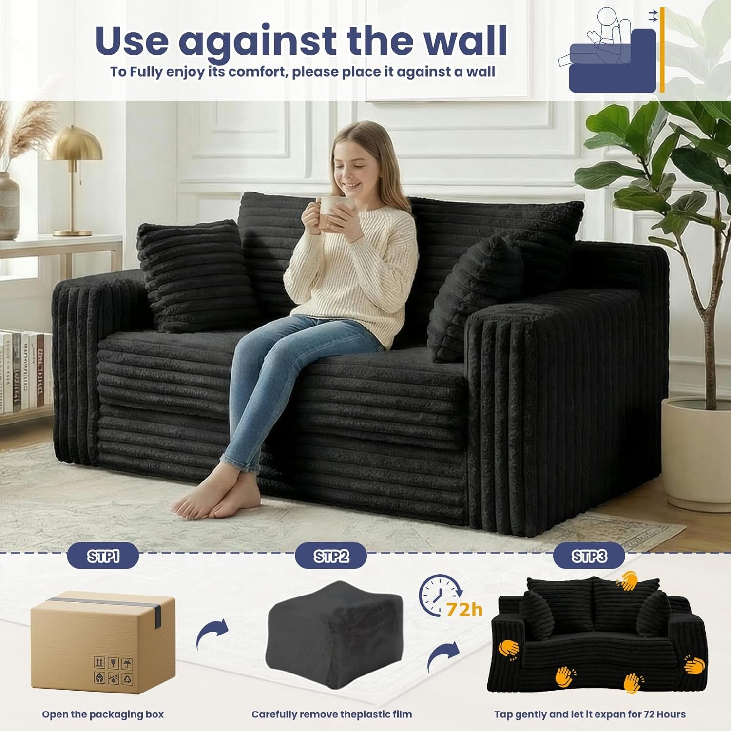 3-In-1 Convertible Sofa Bed: Boneless Loveseat Sleeper & Folding Couch Bed with 4 Pillows & Detachable Cushion,Furry Futon Couch for Bedroom,Apartment,Office and Living Room, No Assembly,Black