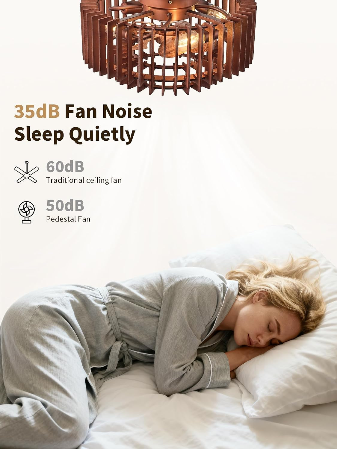 Close-up showing wood caged fan above sleeping person with text about quiet operation visible