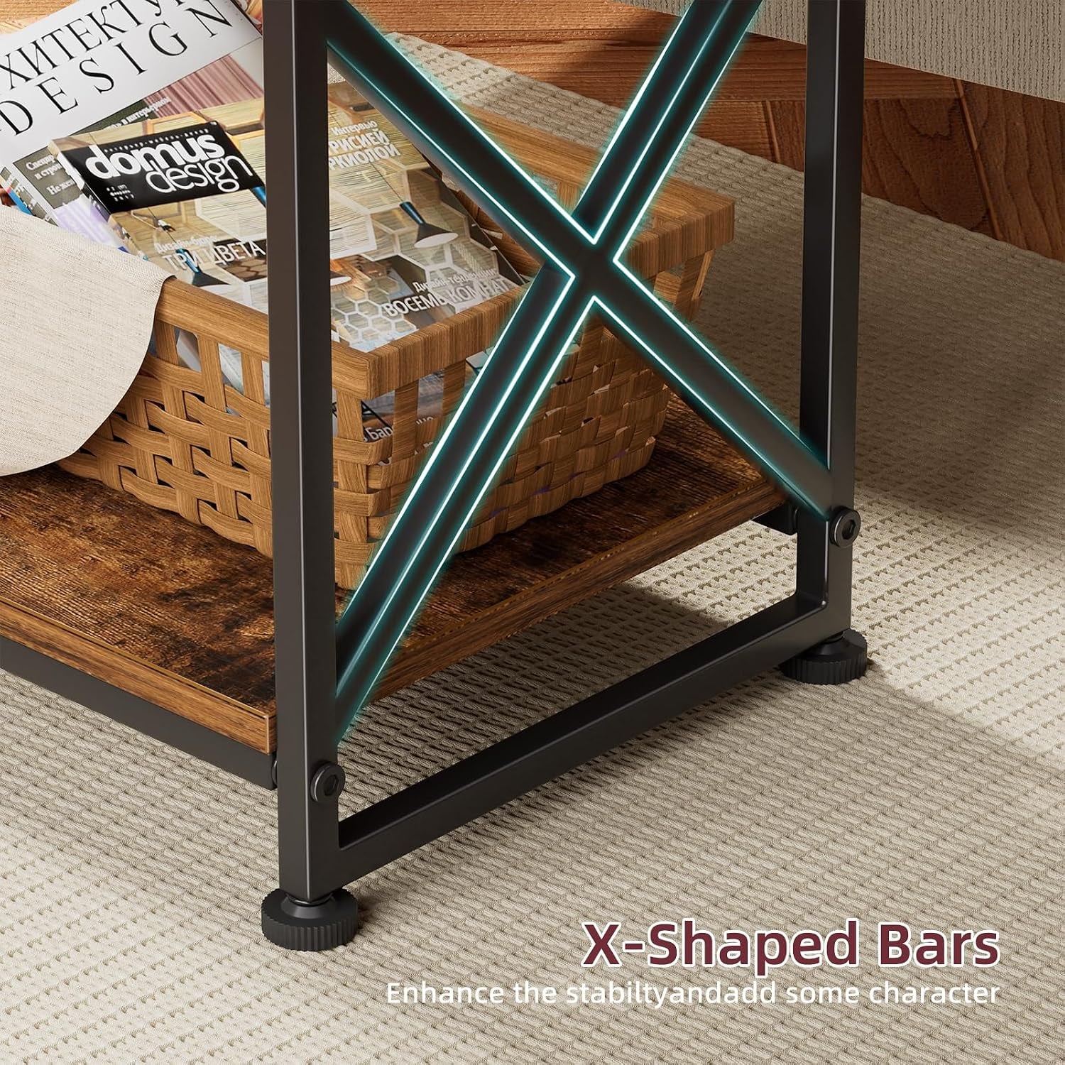 Close-up of the table's lower X-shaped side bars and a woven basket on the bottom shelf