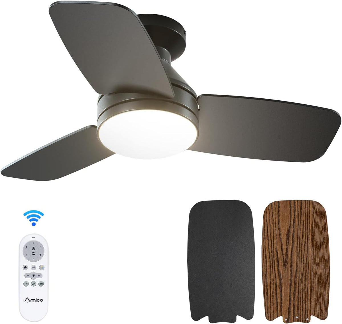 Dark charcoal ceiling fan viewed at an angle with LED light on, remote and two replacement blade finishes at bottom right.