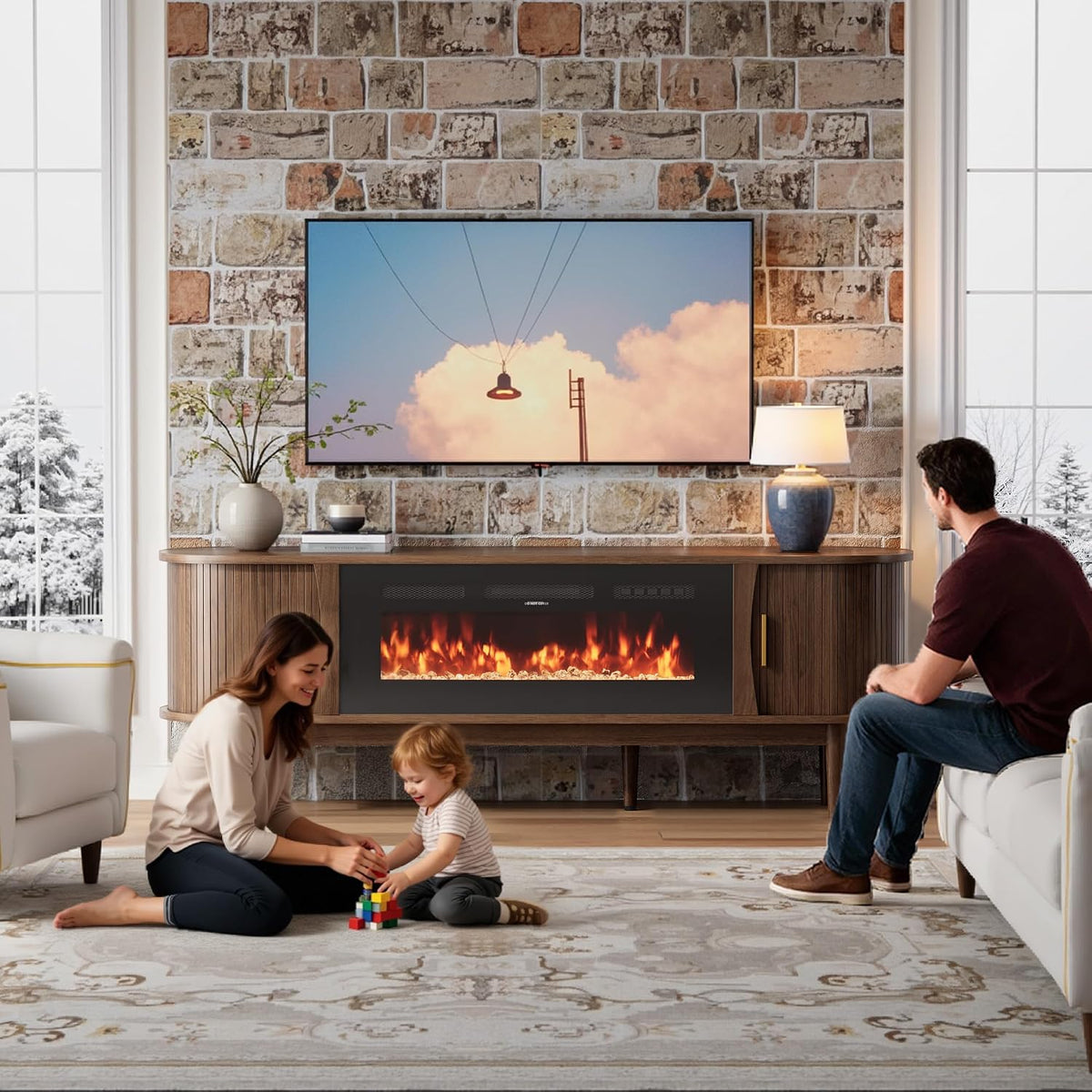 Living room scene with walnut console, lit fireplace insert and family playing on the rug in front