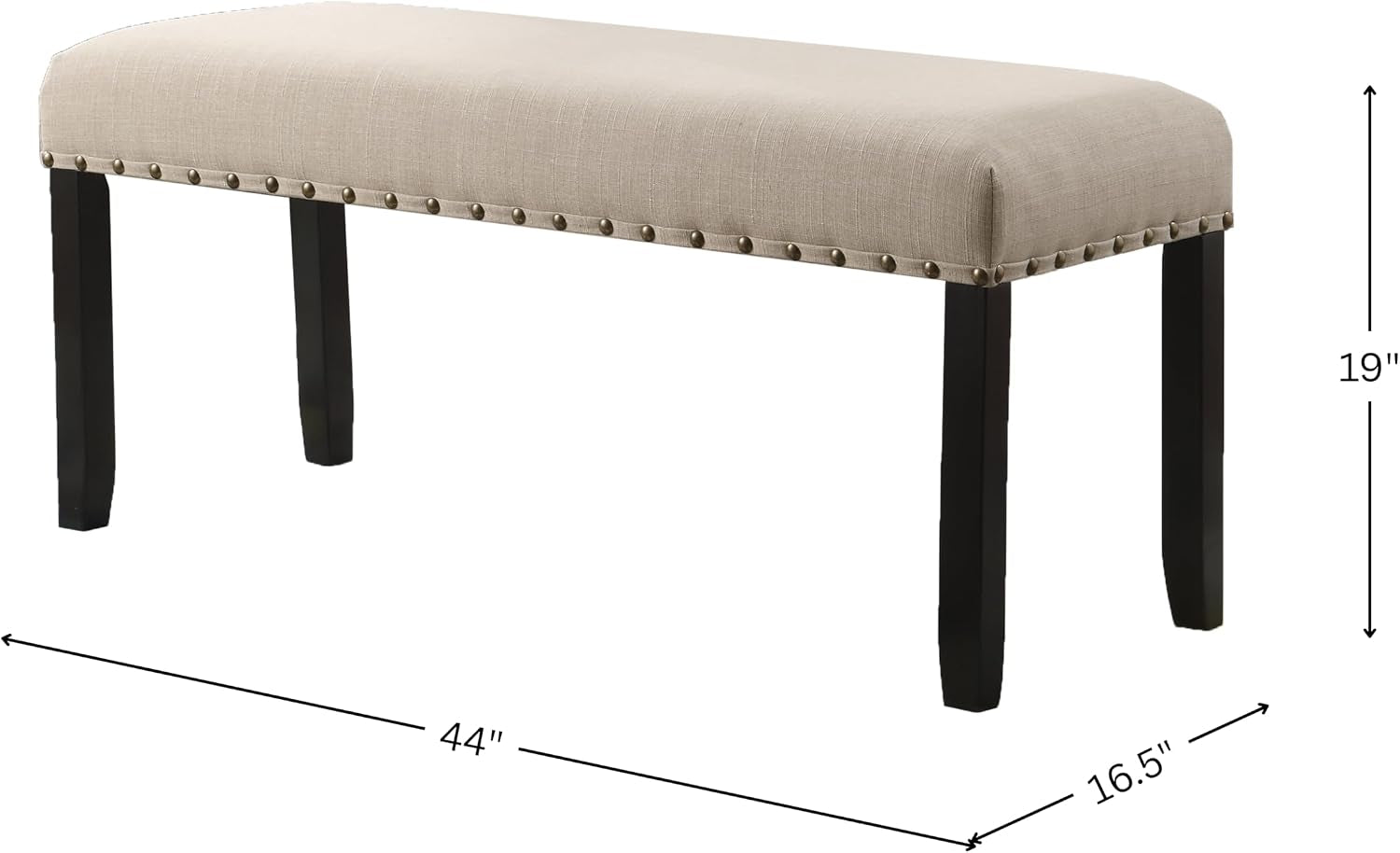 Tan upholstered bench isolated with dimension callouts 44" x 16.5" x 19" showing profile and nailhead trim