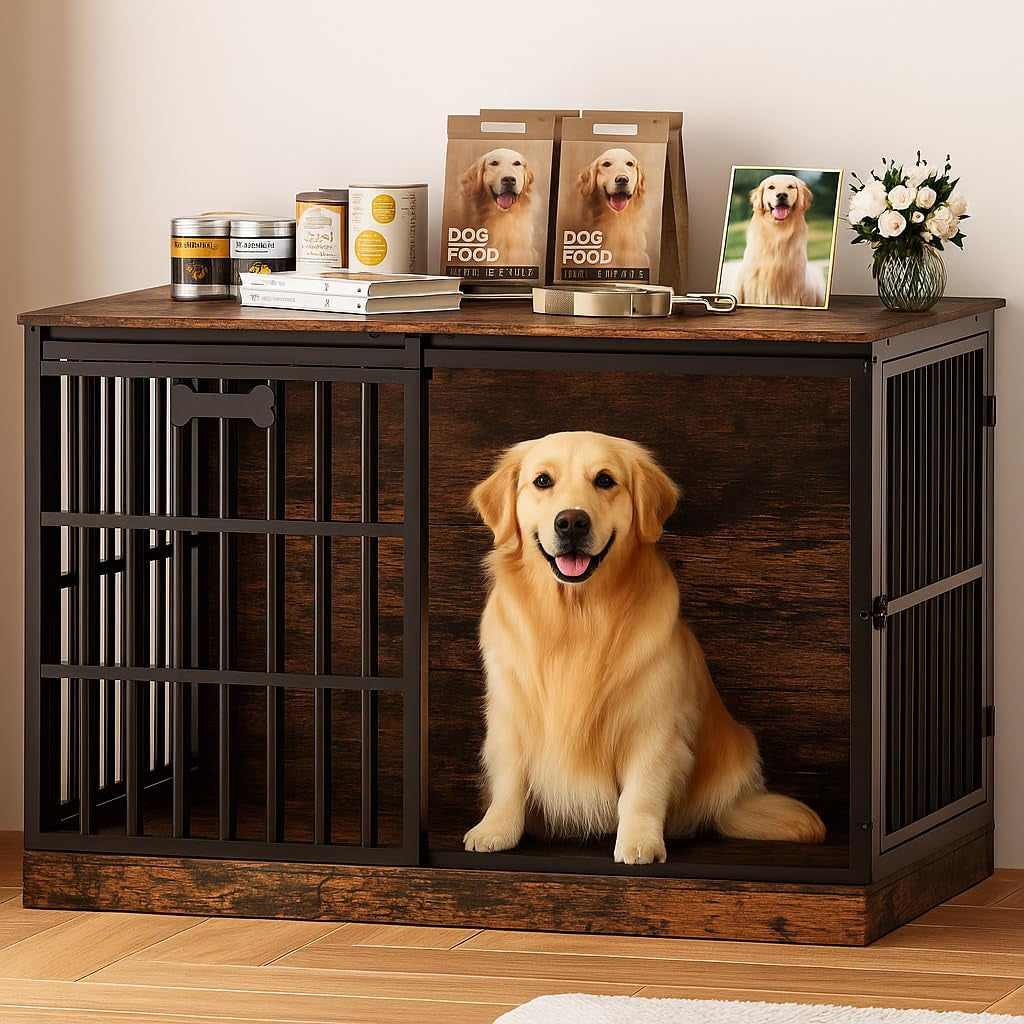 Front view of a wooden dog crate with black metal bars and a golden retriever sitting inside, items on the top surface.