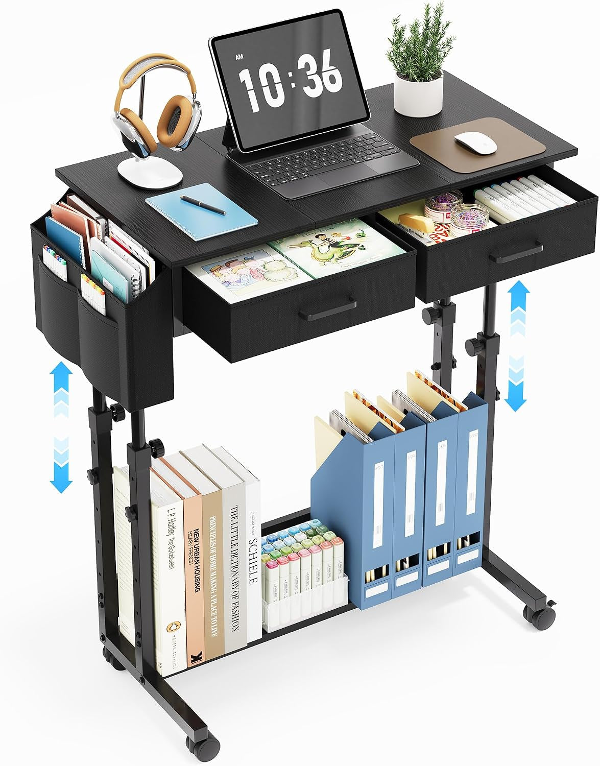 Top view of black standing desk with laptop, open fabric drawers and side storage pocket displaying organized supplies