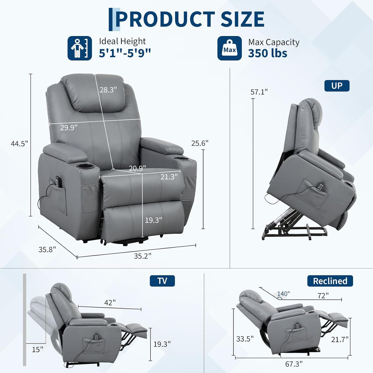 Grey recliner product diagram showing front, side and reclined views with dimension callouts