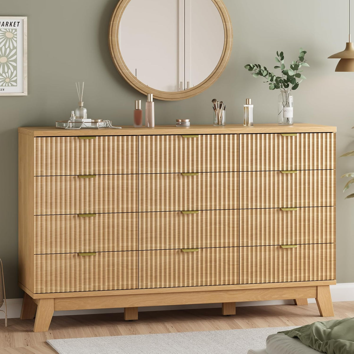 Light oak tall dresser shown slightly from the left, highlighting angled legs and vertical ribbed drawer fronts.