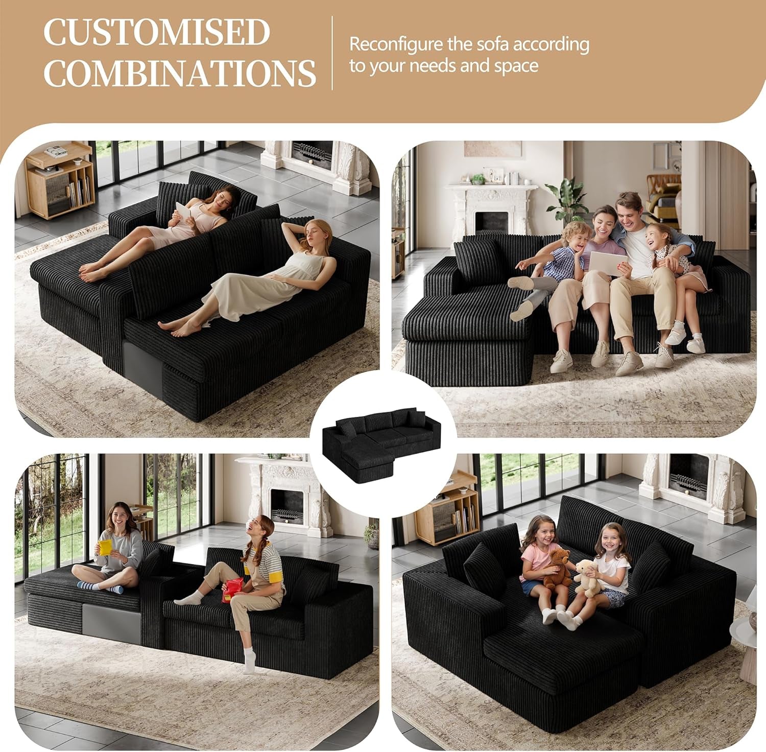 105" Boneless Couches for Living Room, Sectional Couches Modular Sofa with L-Shaped Chaise, Memory Foam Comfy Cloud Couch with Plush Corduroy Fabric, No Assembly Required, Black