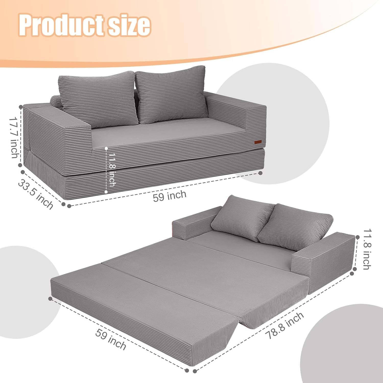 Graphic showing sofa dimensions with 59-inch width and extended 78.8-inch sleeper length in grey fabric