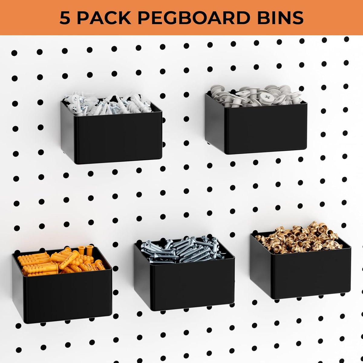Five black rectangular pegboard bins mounted on a white pegboard, each holding screws, anchors and small hardware.