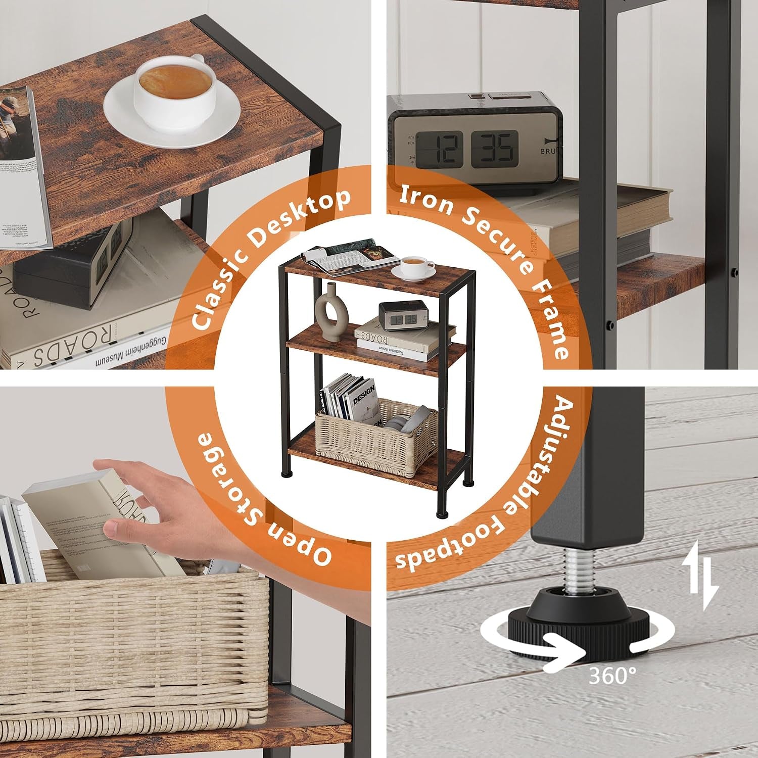 Collage showing top shelf with coffee cup, central product view, basket storage and an adjustable screw foot detail.