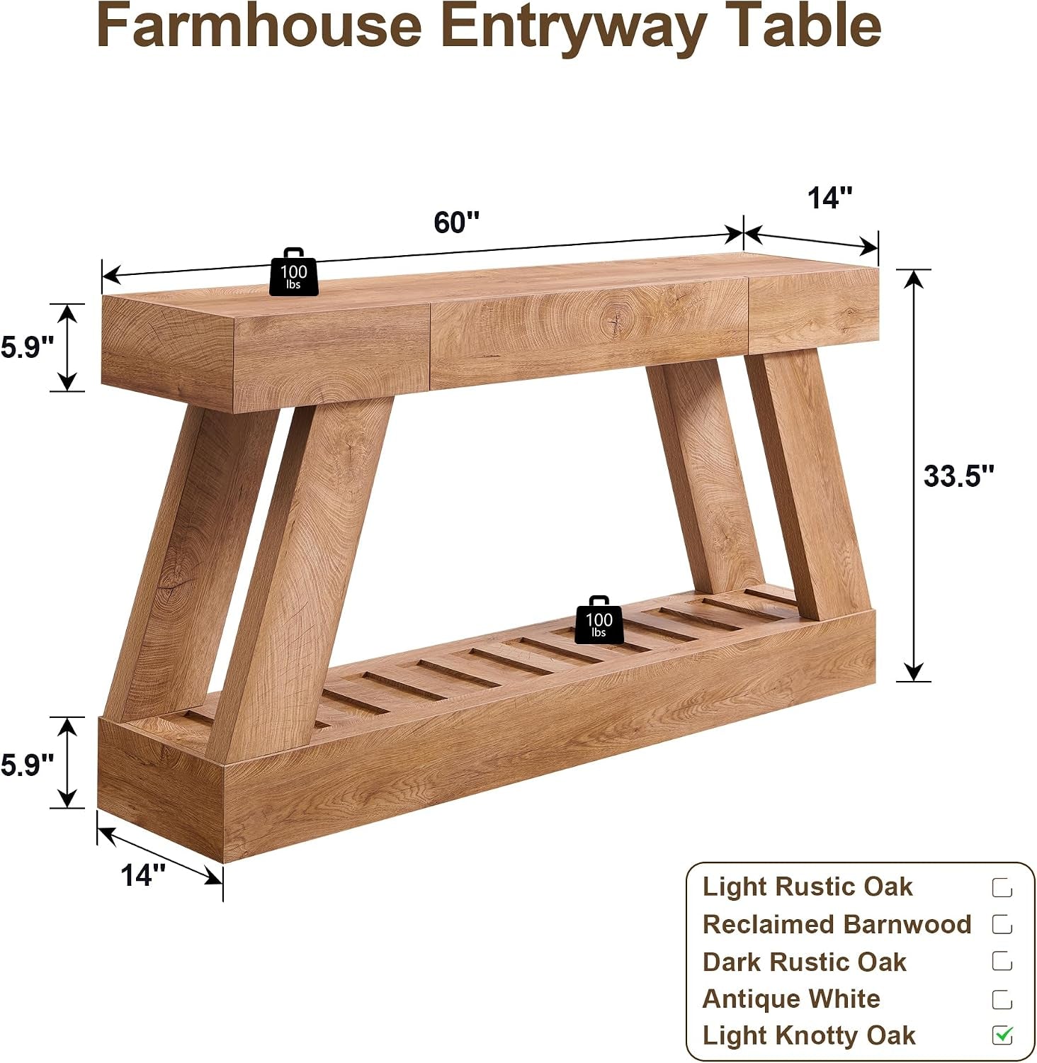 Dimension diagram of the light knotty oak console table with load limits for the top and lower shelf.