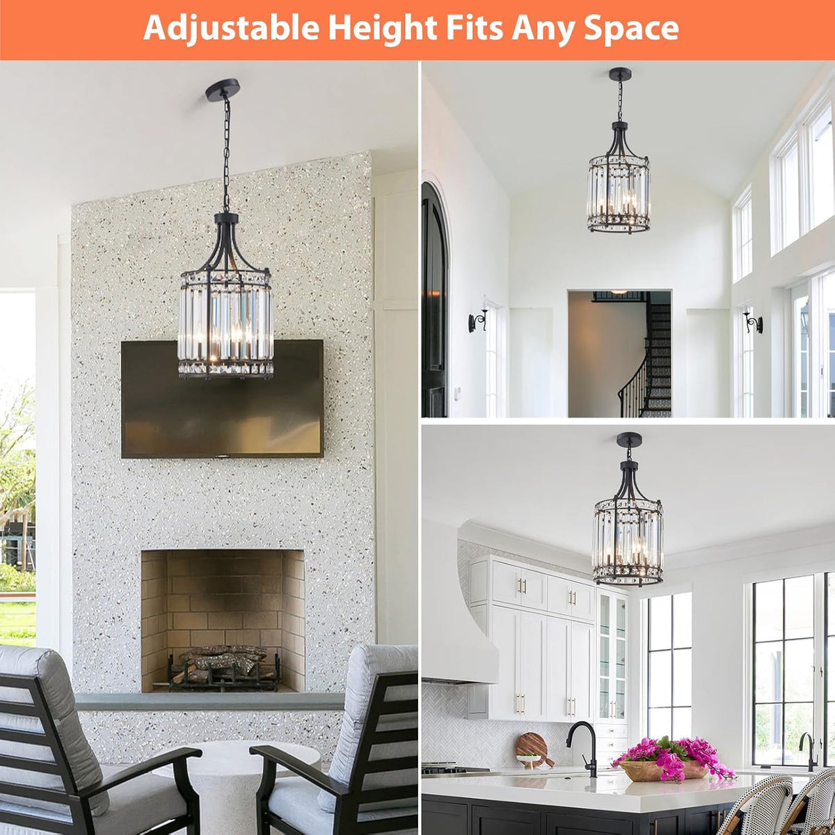 Collage of the pendant chandelier in living and kitchen settings illustrating adjustable hanging lengths