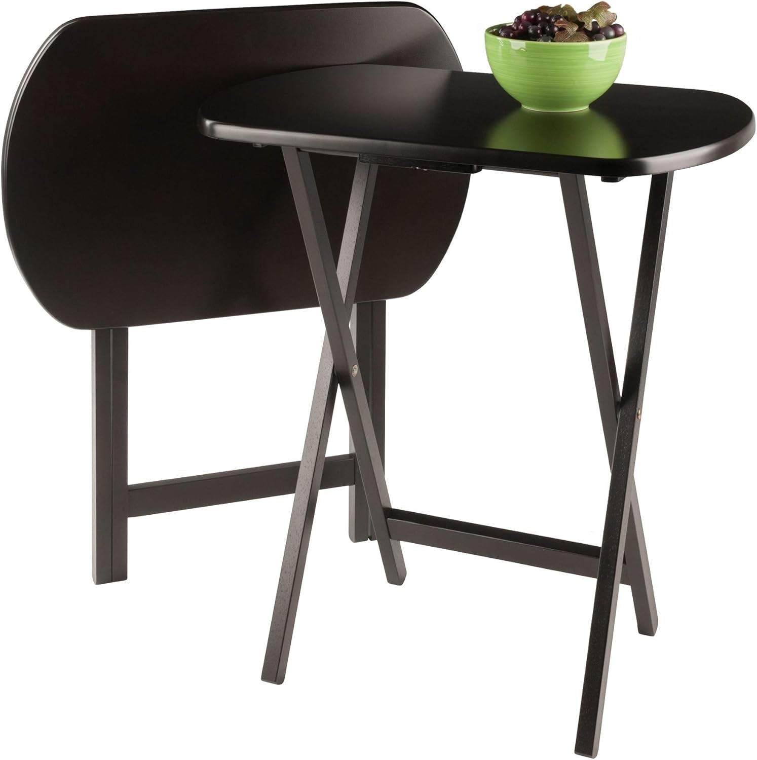 Close-up angled view of one open dark brown table with the other table folded behind it