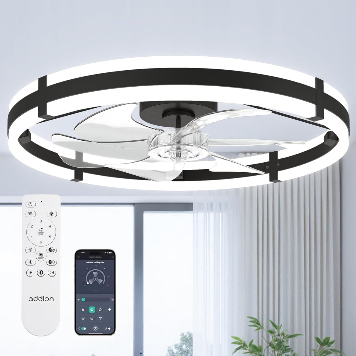 Black flush-mount 24-inch ceiling fan light with circular LED ring, clear blades, remote and smartphone app screen