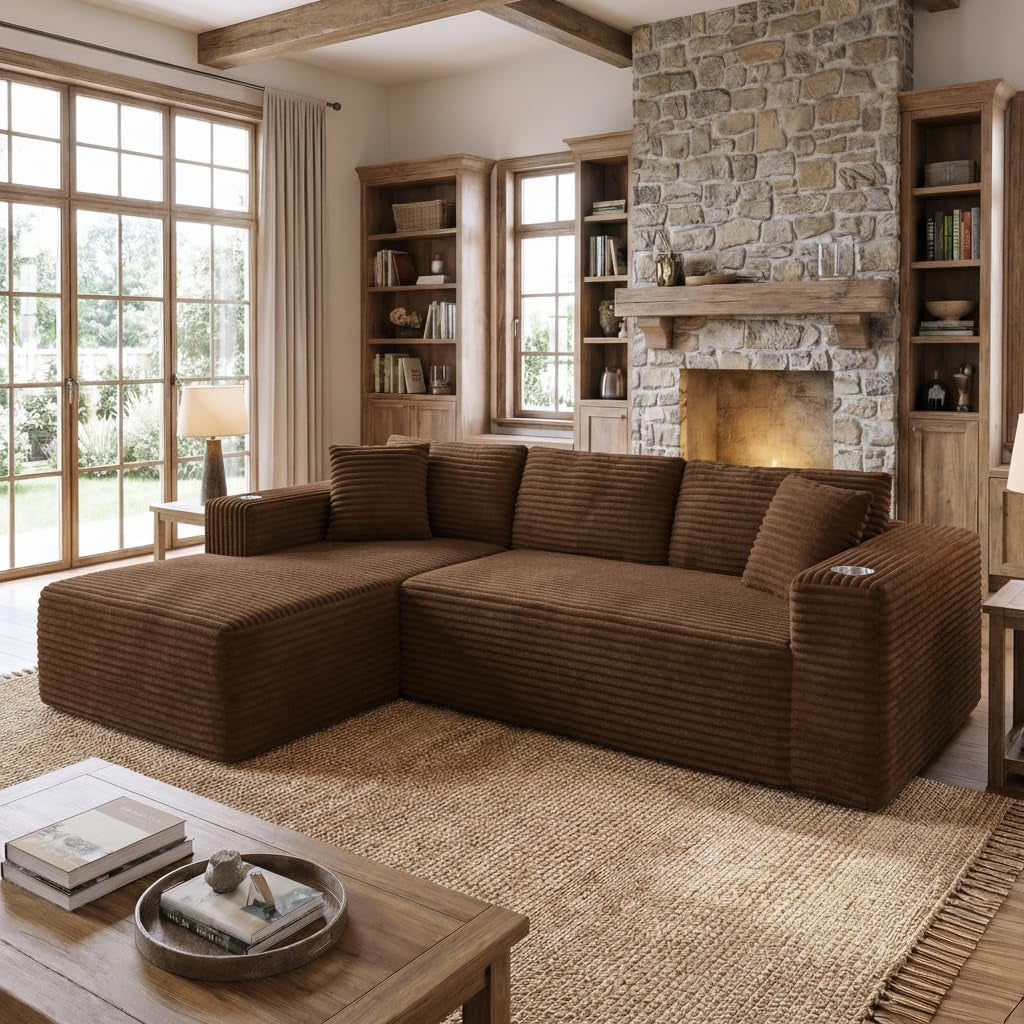 Brown corduroy modular sectional with oversized chaise in a sunlit living room by a stone fireplace.