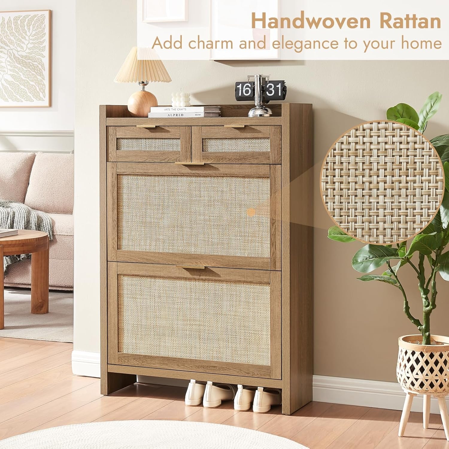 Front view of rattan-panel shoe cabinet in rustic oak showing woven rattan detail and bottom open space with shoes