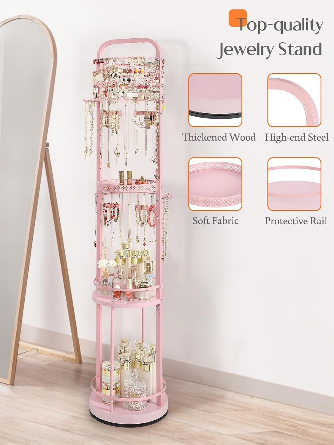 Close view of pink organizer showing powder-coated metal frame and round wooden shelves