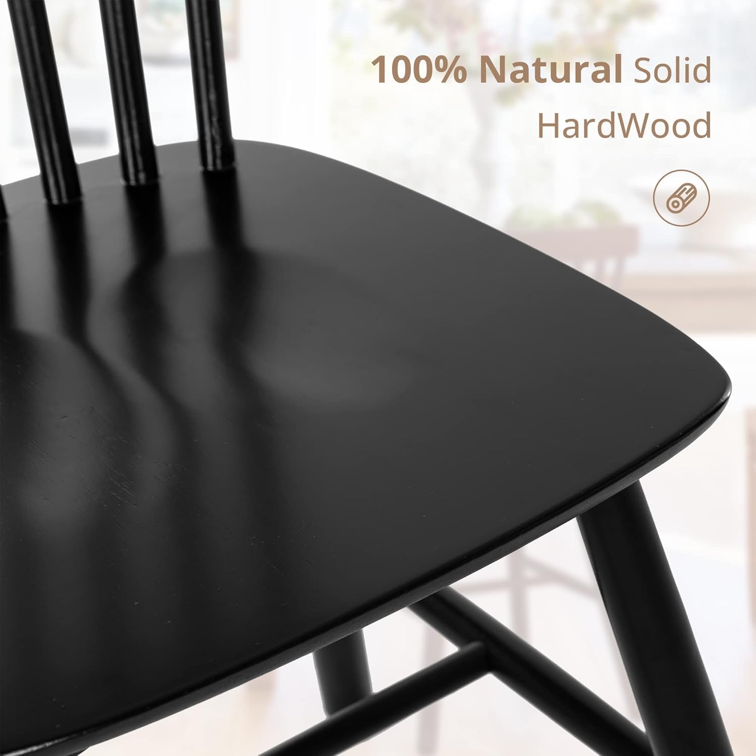 Collage highlighting wide backrest, spindle back detail, and sturdy leg structure of the black dining chair.