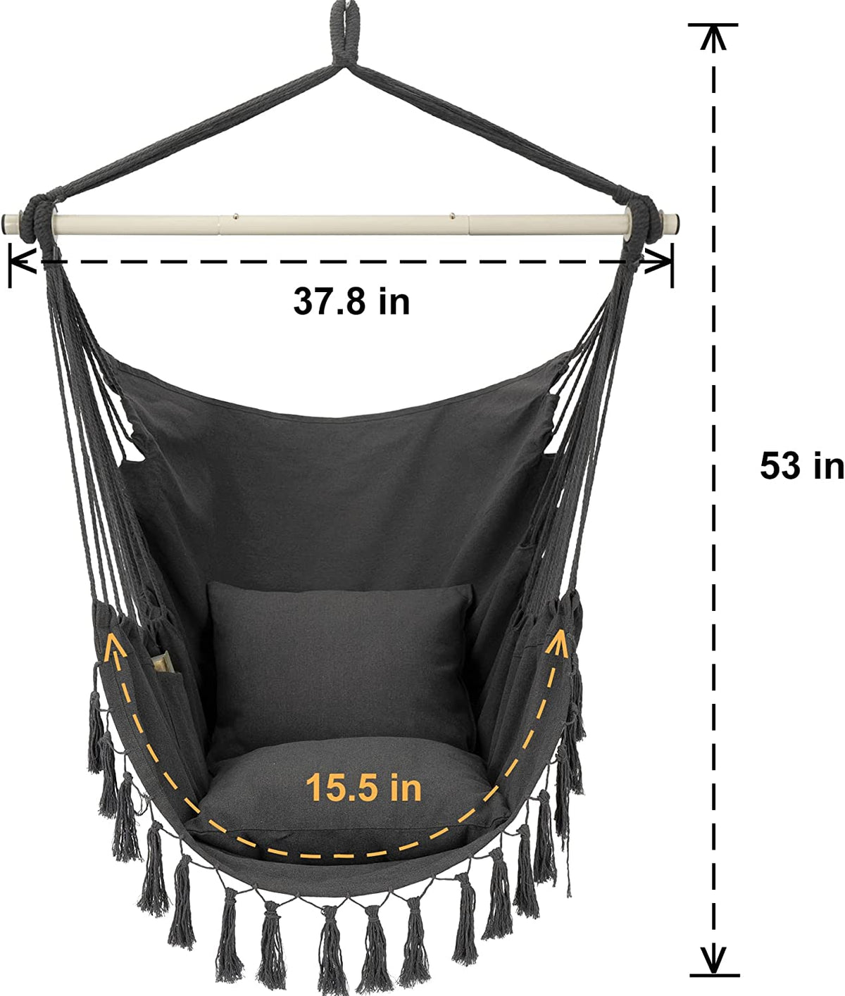 Front view diagram of the hanging chair showing a 37.8 in spreader bar, 53 in overall hang length, and 15.5 in seat depth