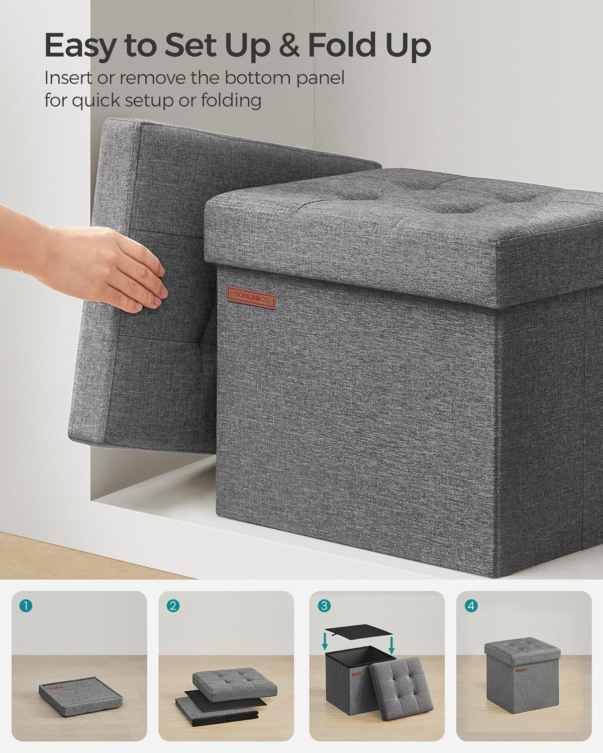 Hand lifting tufted lid from a set-up fabric cube with four-step pictorial assembly icons beneath.