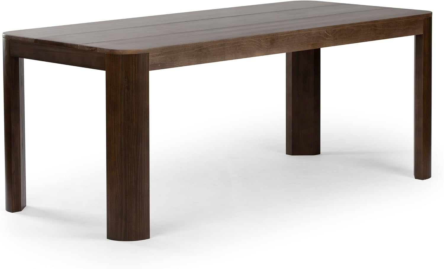 Angled front view of the solid wood rectangular table in walnut showing three-panel tabletop