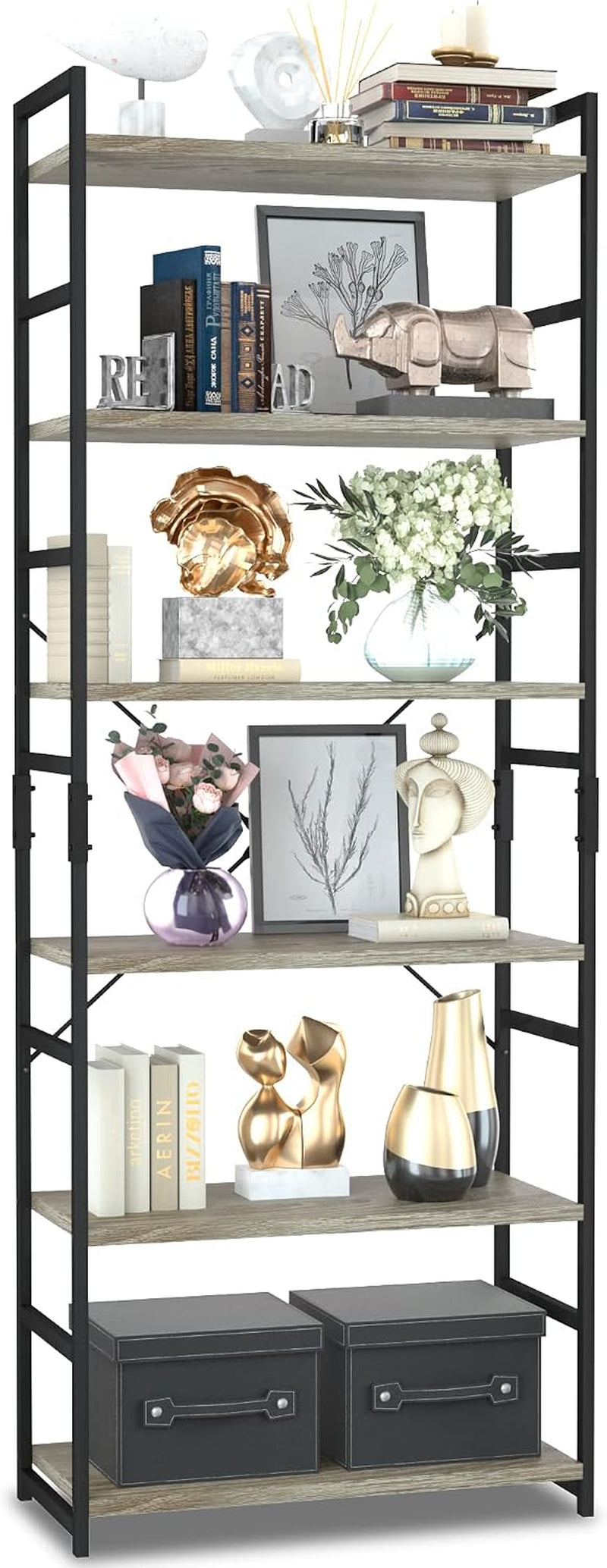 Five-shelf bookcase with black metal frame and light gray wood shelves decorated with plants and ornaments.