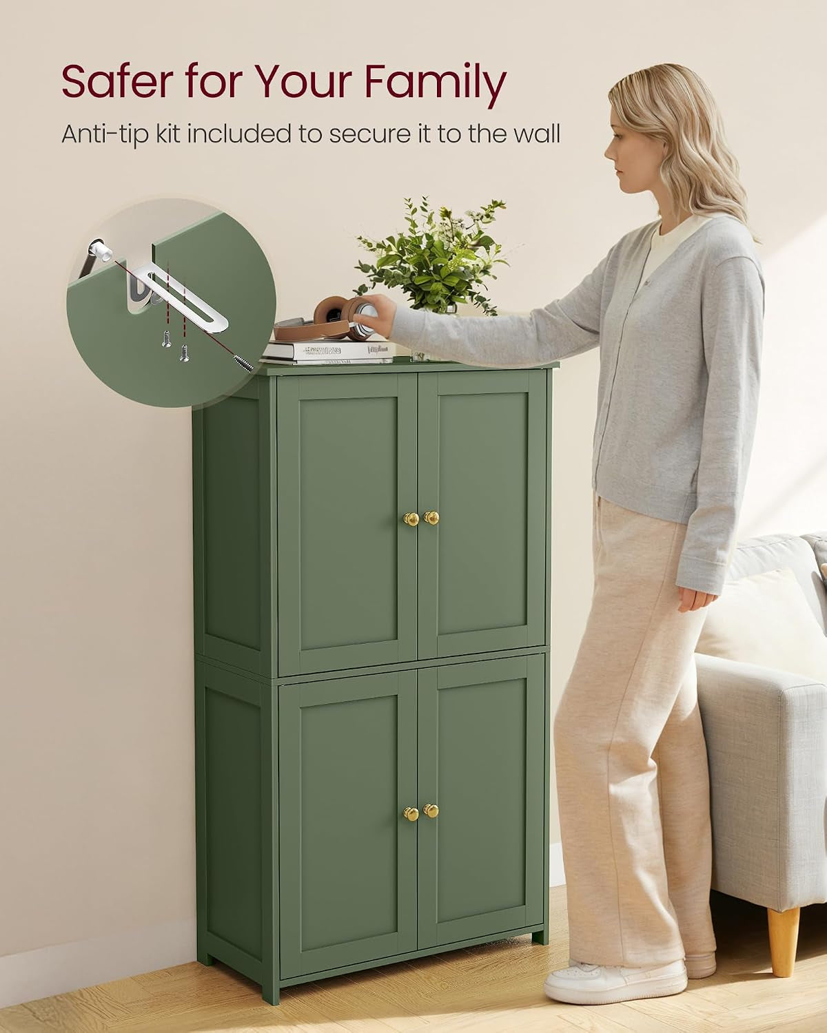 Person reaching toward a tall green cabinet beside a sofa with an inset showing the anti-tip bracket and screws.