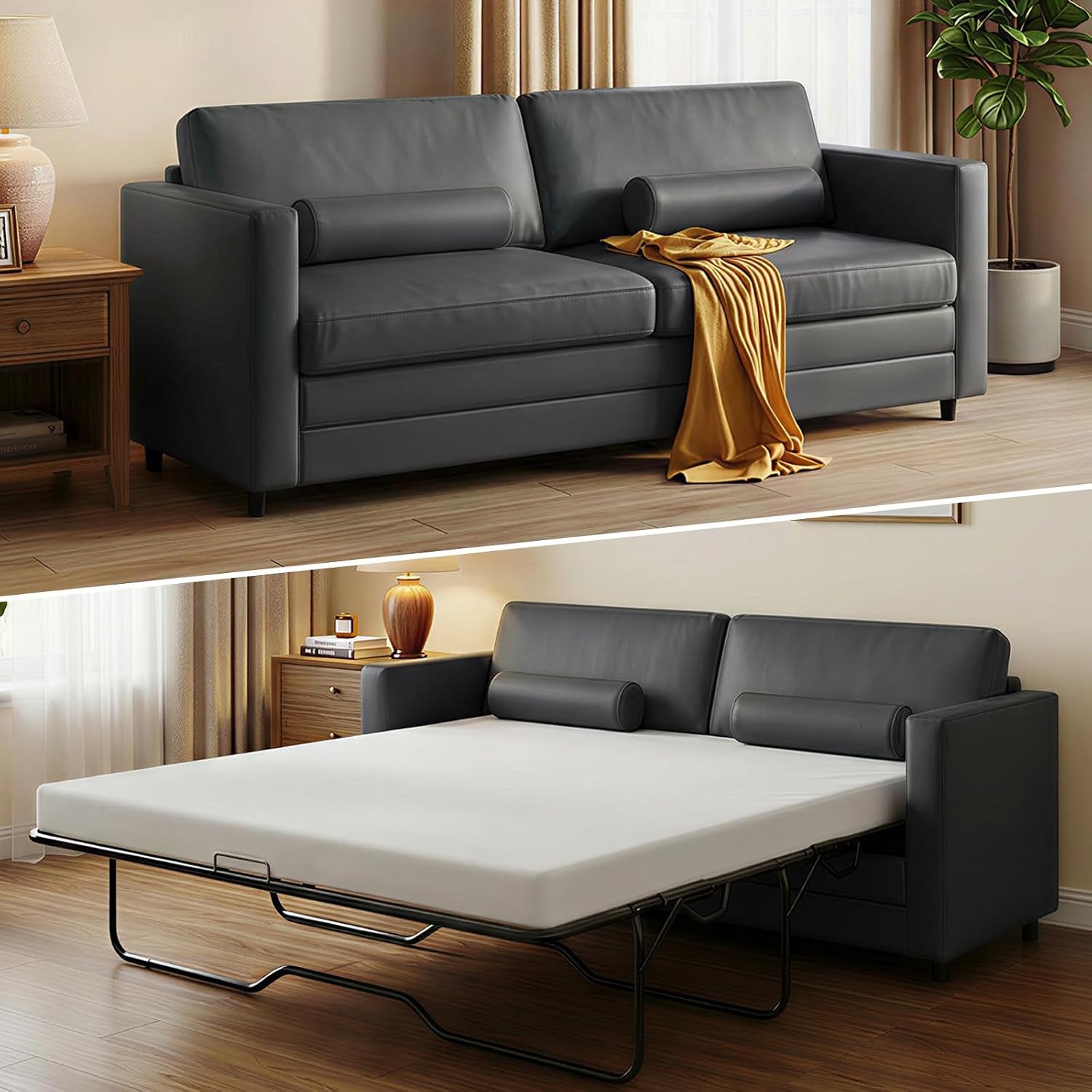 Top: dark grey sofa staged in a living room; bottom: the same sofa pulled out into a bed with mattress.