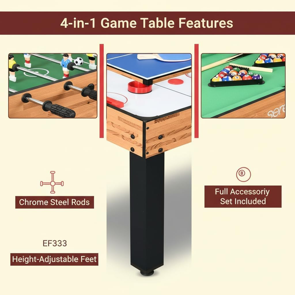 Pool-table top with dimension annotations and icons of included accessories like balls, cues, paddles