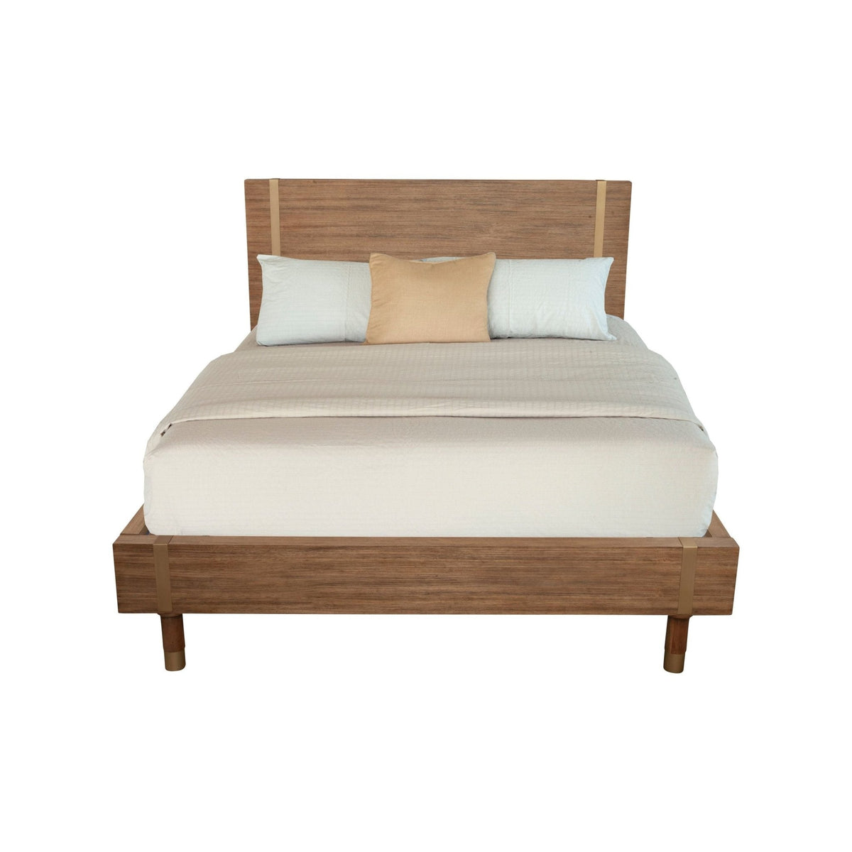 Brown wood platform bed shown straight on with a tall headboard