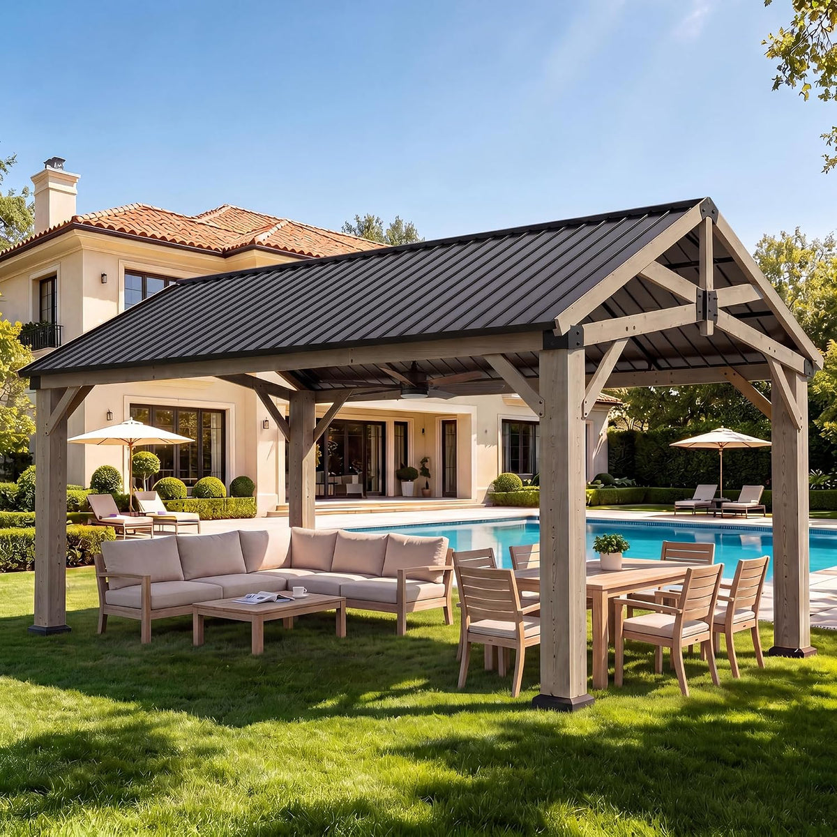 Front-right angle showing furniture layout under the gazebo and sunlight casting shadows on grass