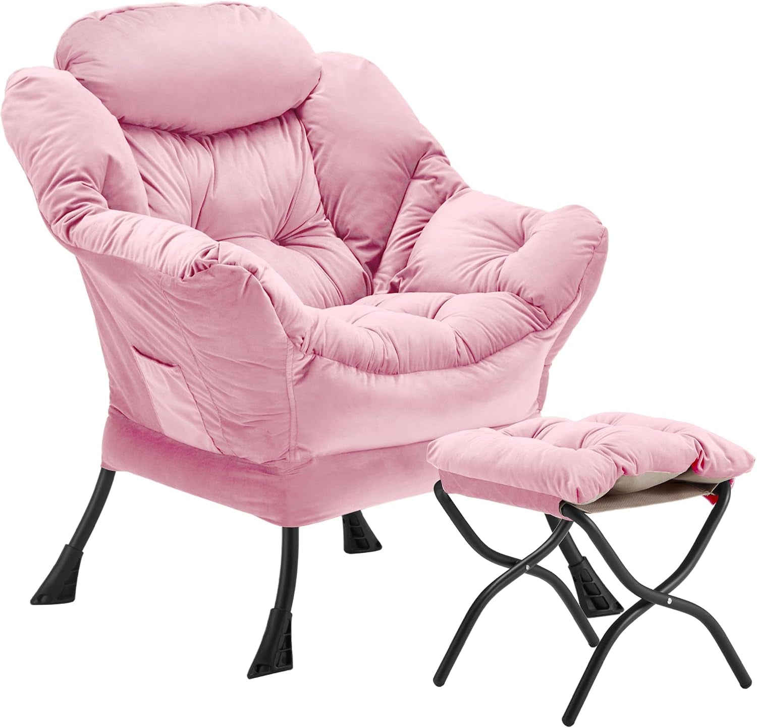 Pink velvet lounge chair with matching folding ottoman, both on black metal frames.