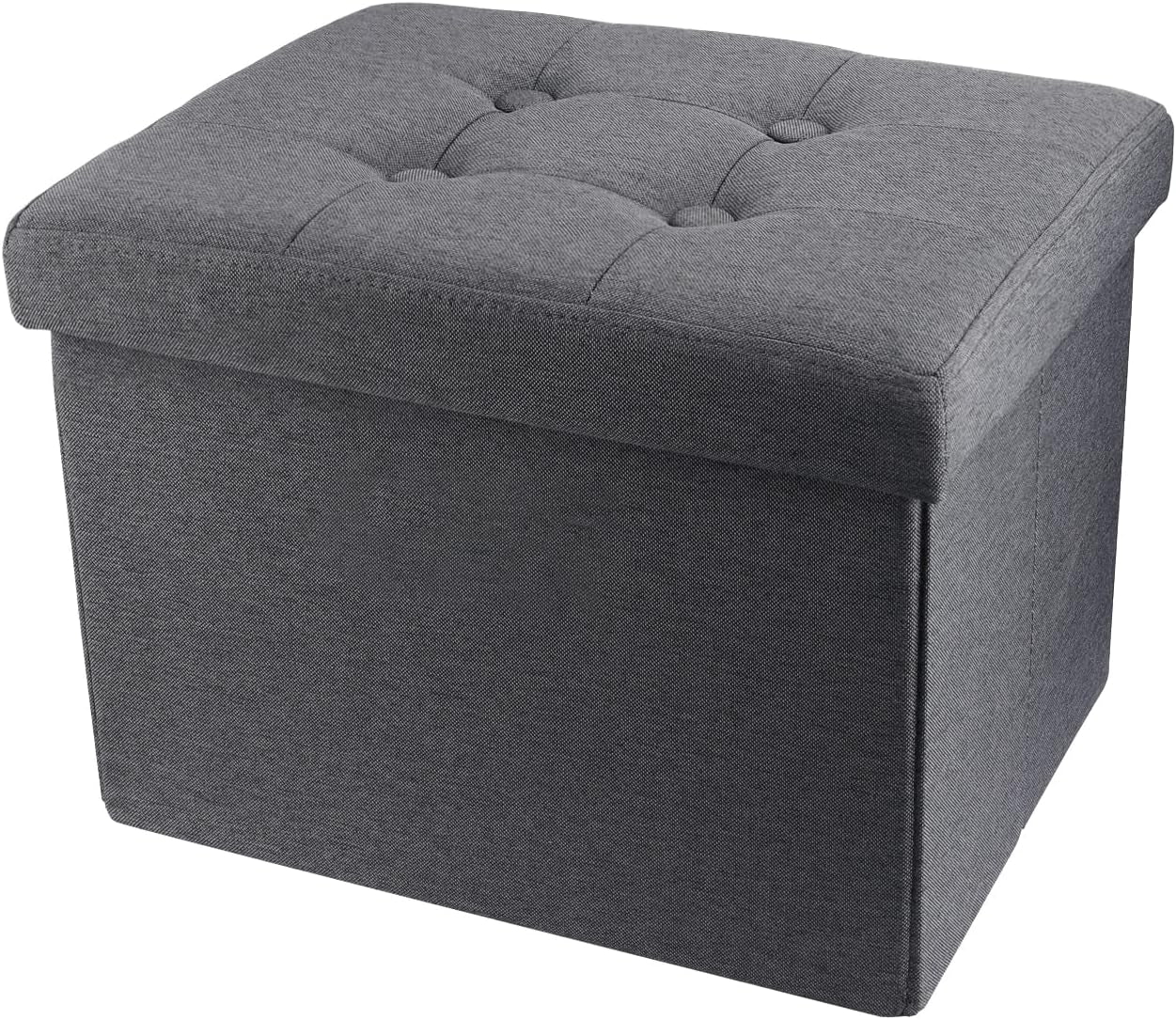 Grey fabric tufted storage ottoman angled top-front view showing textured upholstery