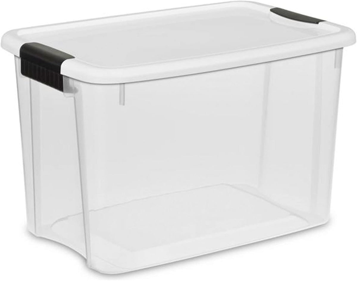 Clear rectangular storage tote with a white snap-on lid and black latch on the short side