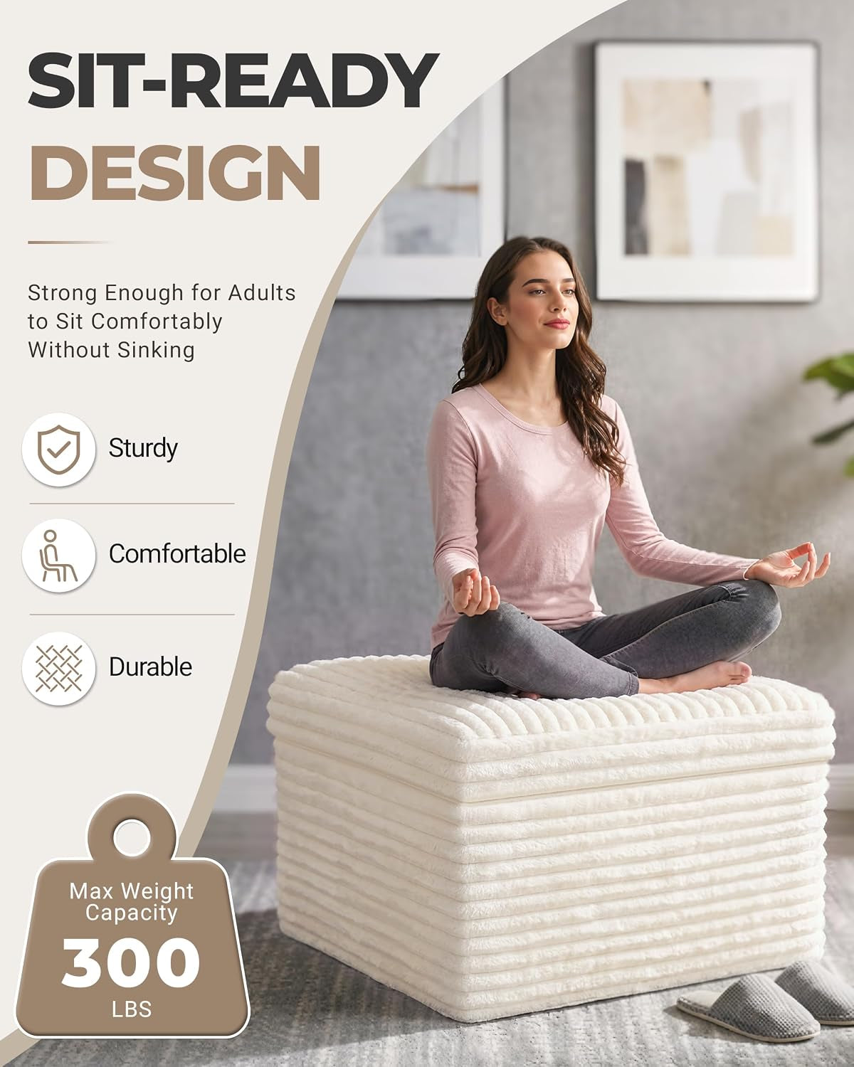 Woman sitting cross-legged on a beige corduroy square pouf in a living room setting, front perspective