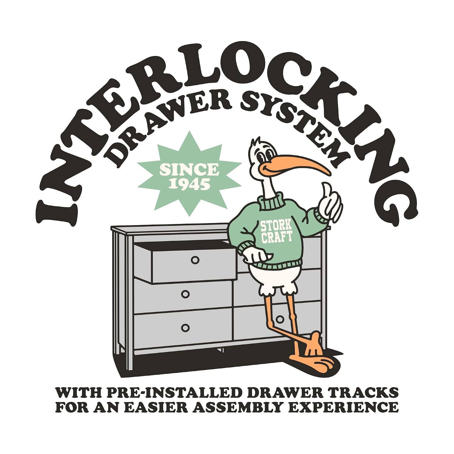 Graphic illustration highlighting the chest's interlocking drawer system with cartoon mascot and text