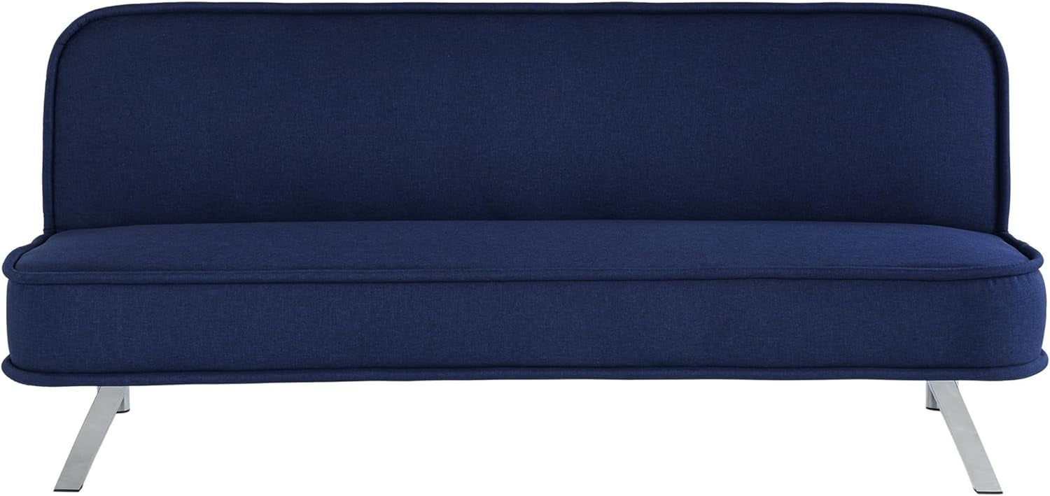 Front view of navy futon sofa with straight back and chrome angled legs on white background