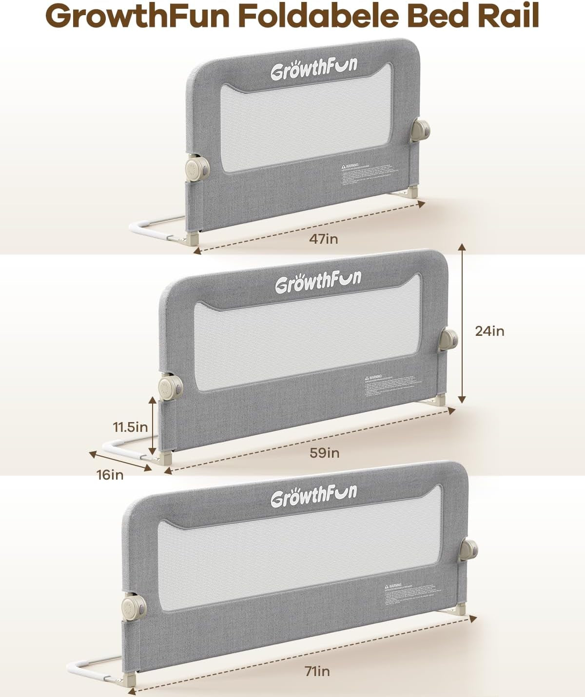 Three illustrations of the bed rail at different lengths on a neutral background with measurement arrows.