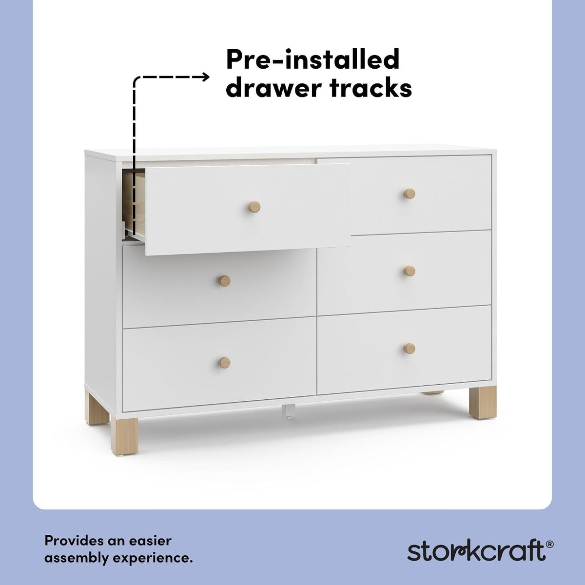 Angled side view showing the top-left drawer partially open and pre-installed drawer tracks.