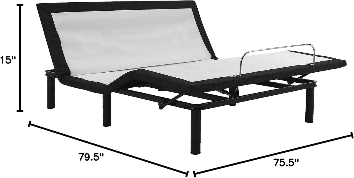Adjustable bed base on white background with dimension arrows showing overall length, width, and height.