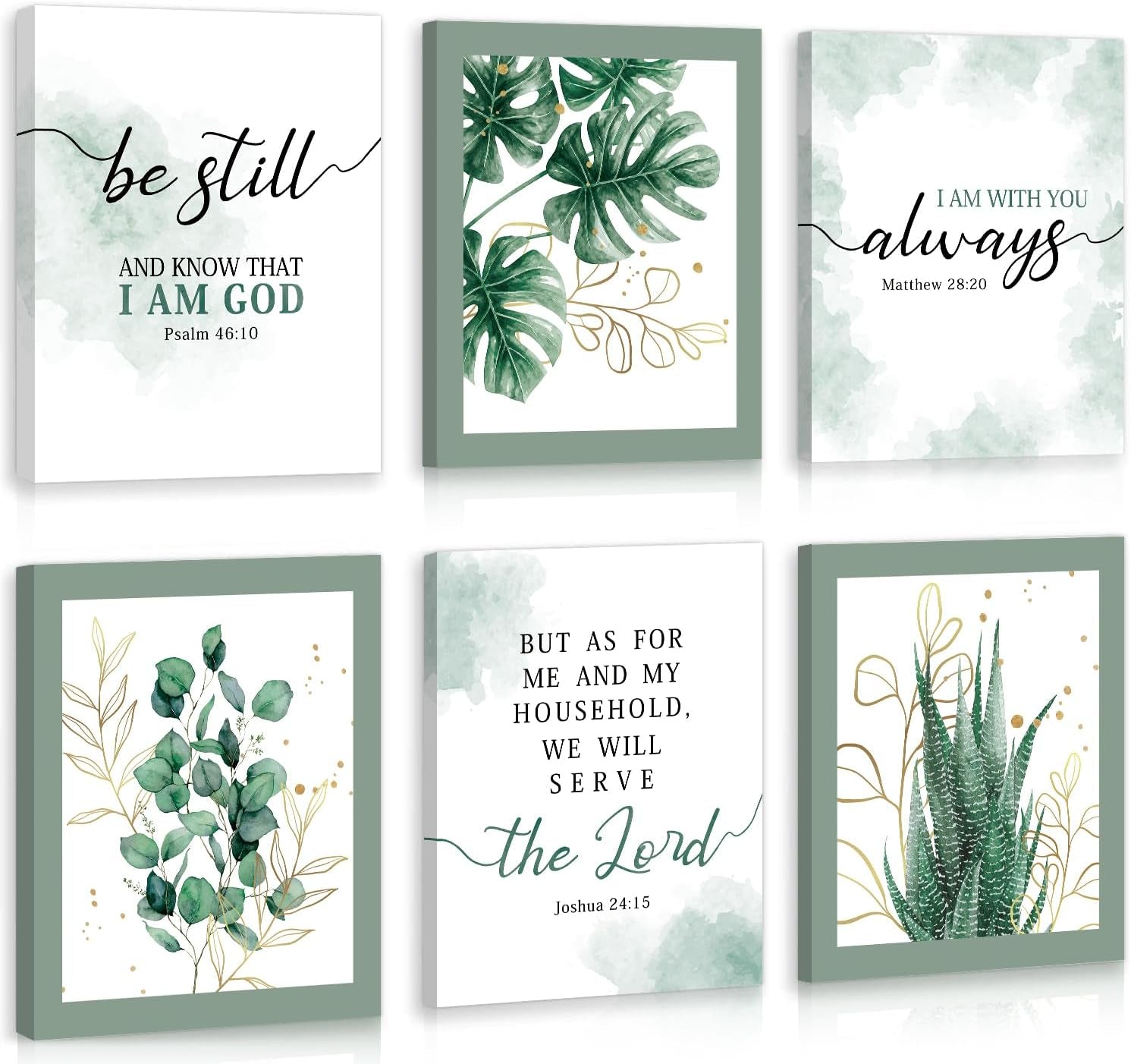 Six green-and-white botanical canvases arranged in two rows featuring leaves and framed-style borders.