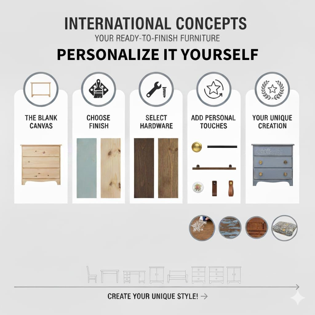 wide infographic with icons and panels explaining customization steps and finish examples