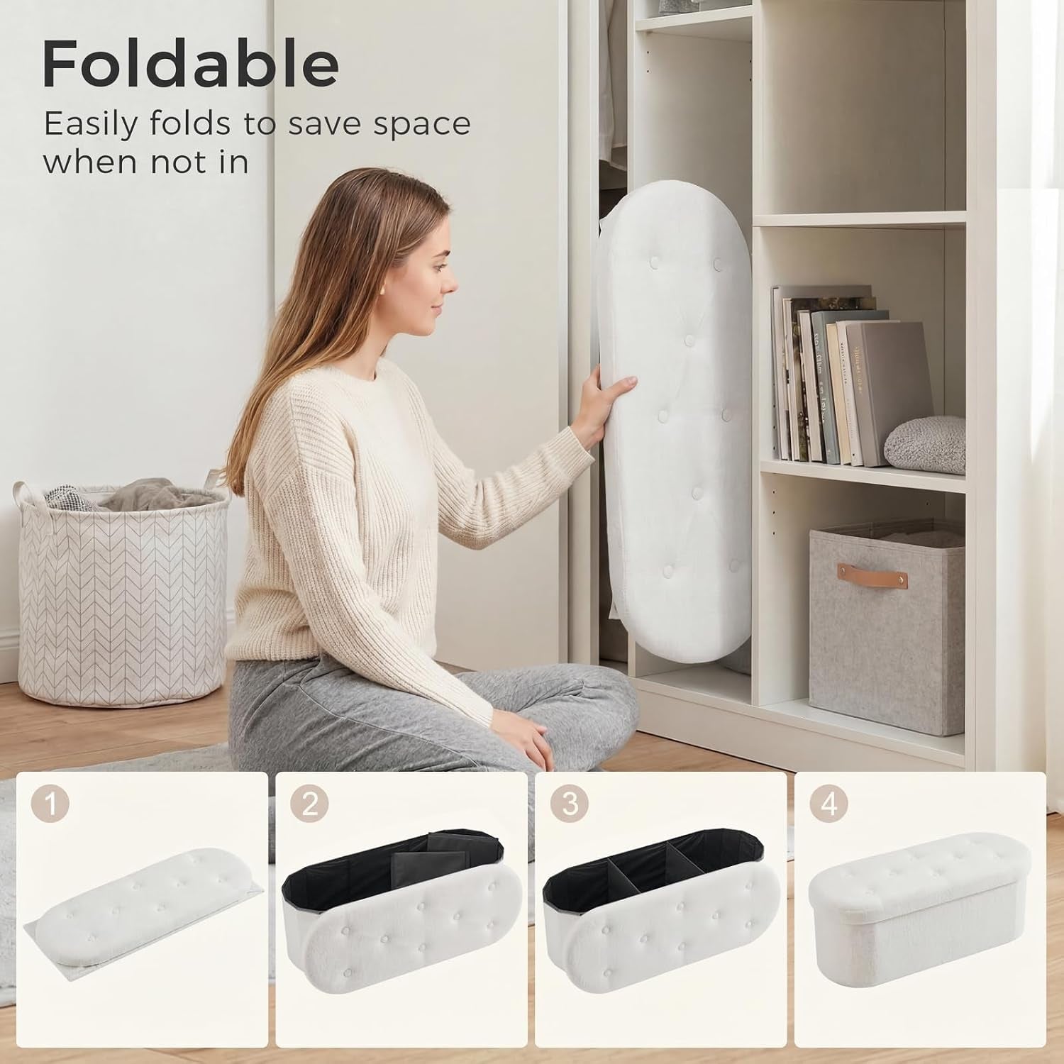 Person placing folded white ottoman vertically into a closet to demonstrate foldable storage