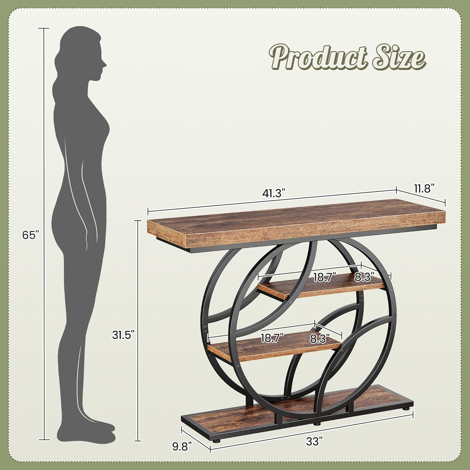 Dimension diagram showing 41.3" W and 31.5" H measurements for the console table with a human silhouette