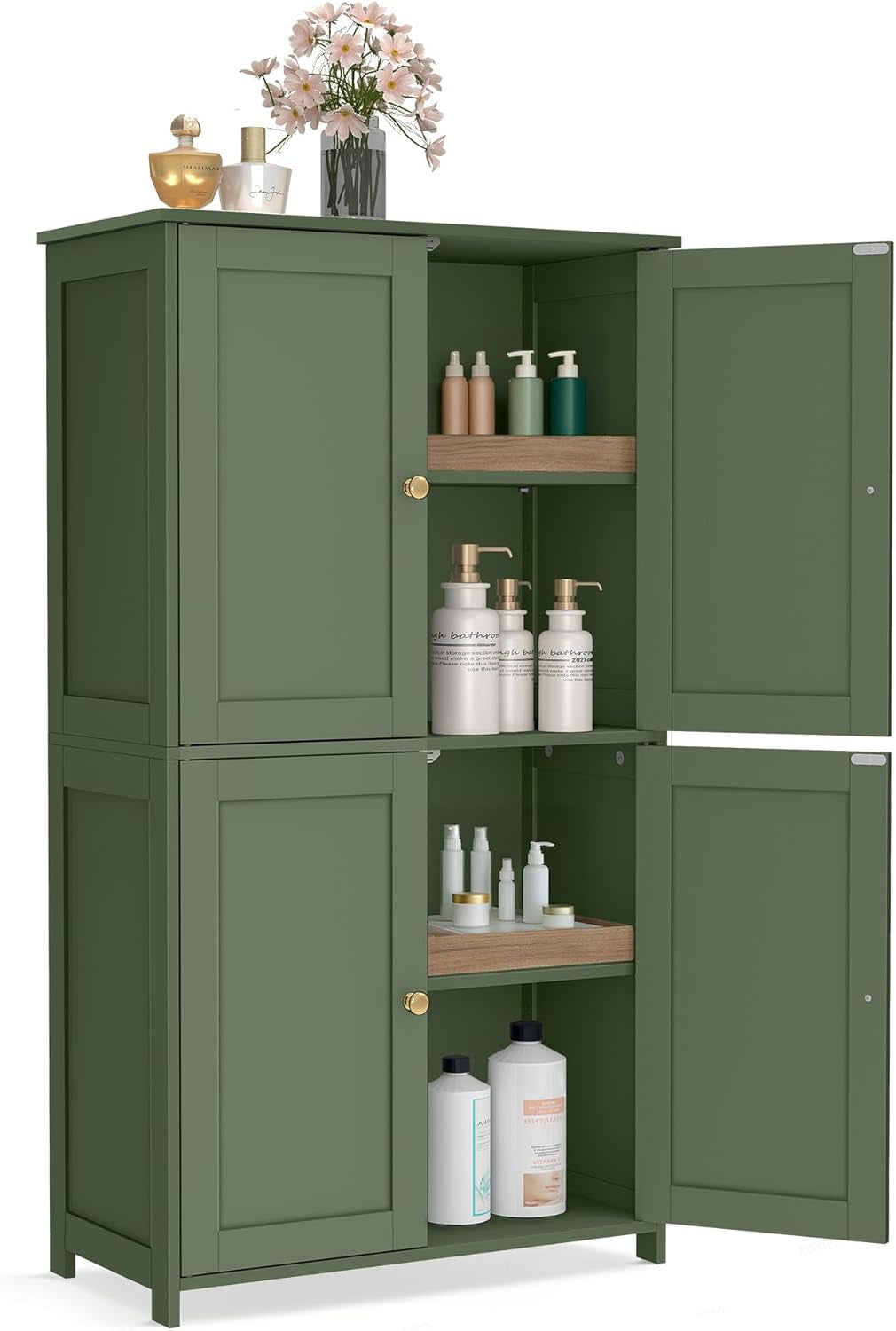Forest green freestanding shaker cabinet with top and bottom doors open showing interior shelves stocked with toiletries