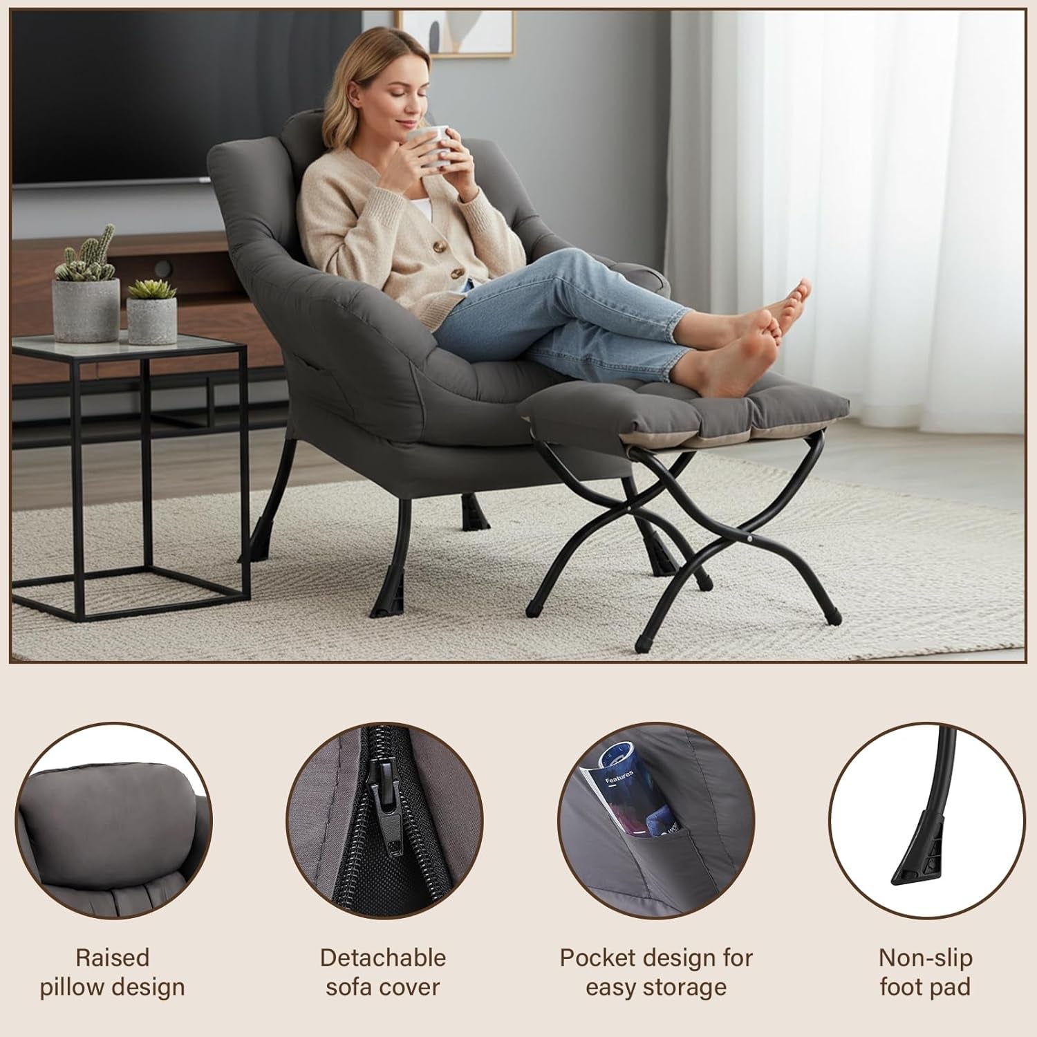 Person relaxing with feet on ottoman; four round insets show pillow, zipper, pocket, and non-slip foot