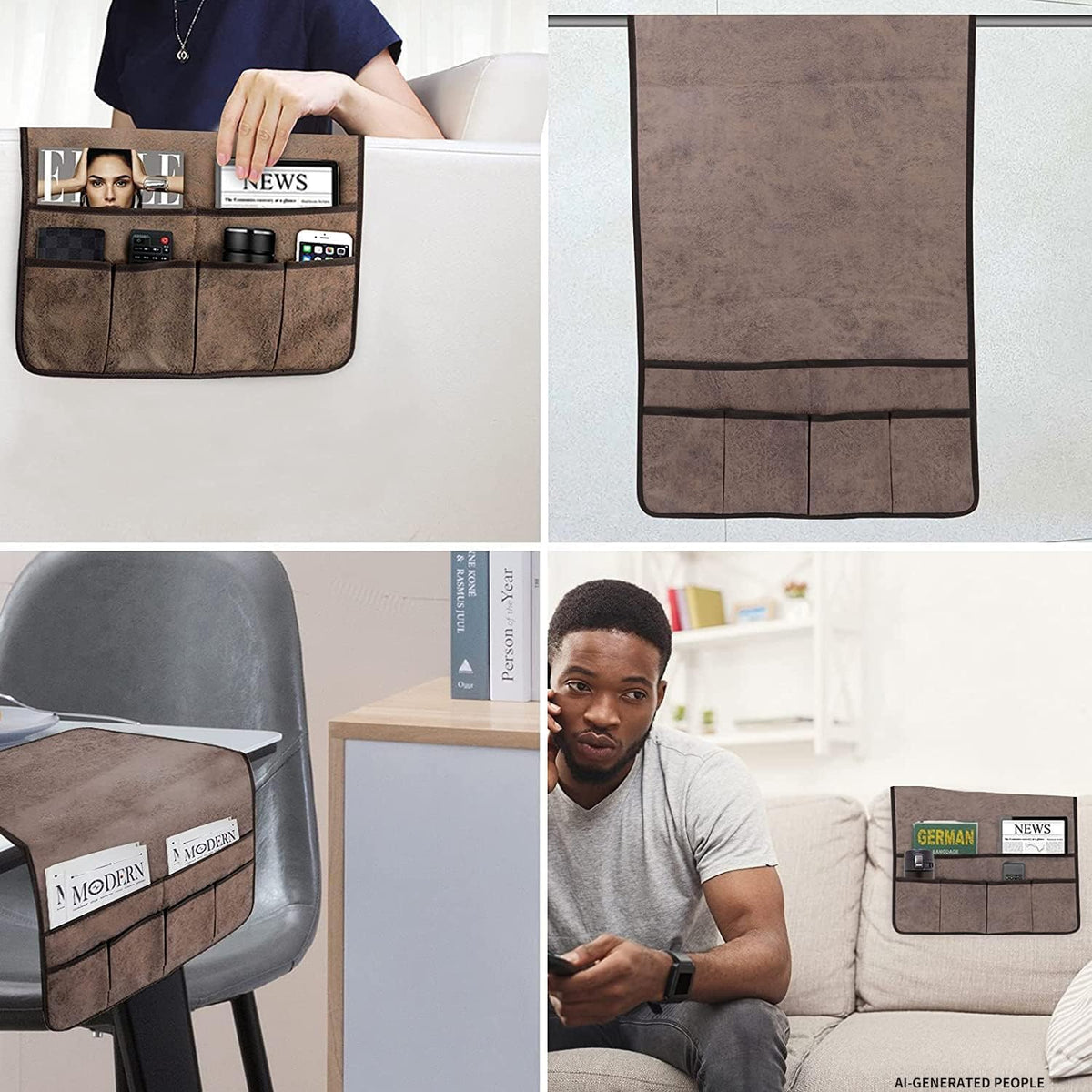 Collage of lifestyle shots showing the organizer on a sofa, chair and pocket views