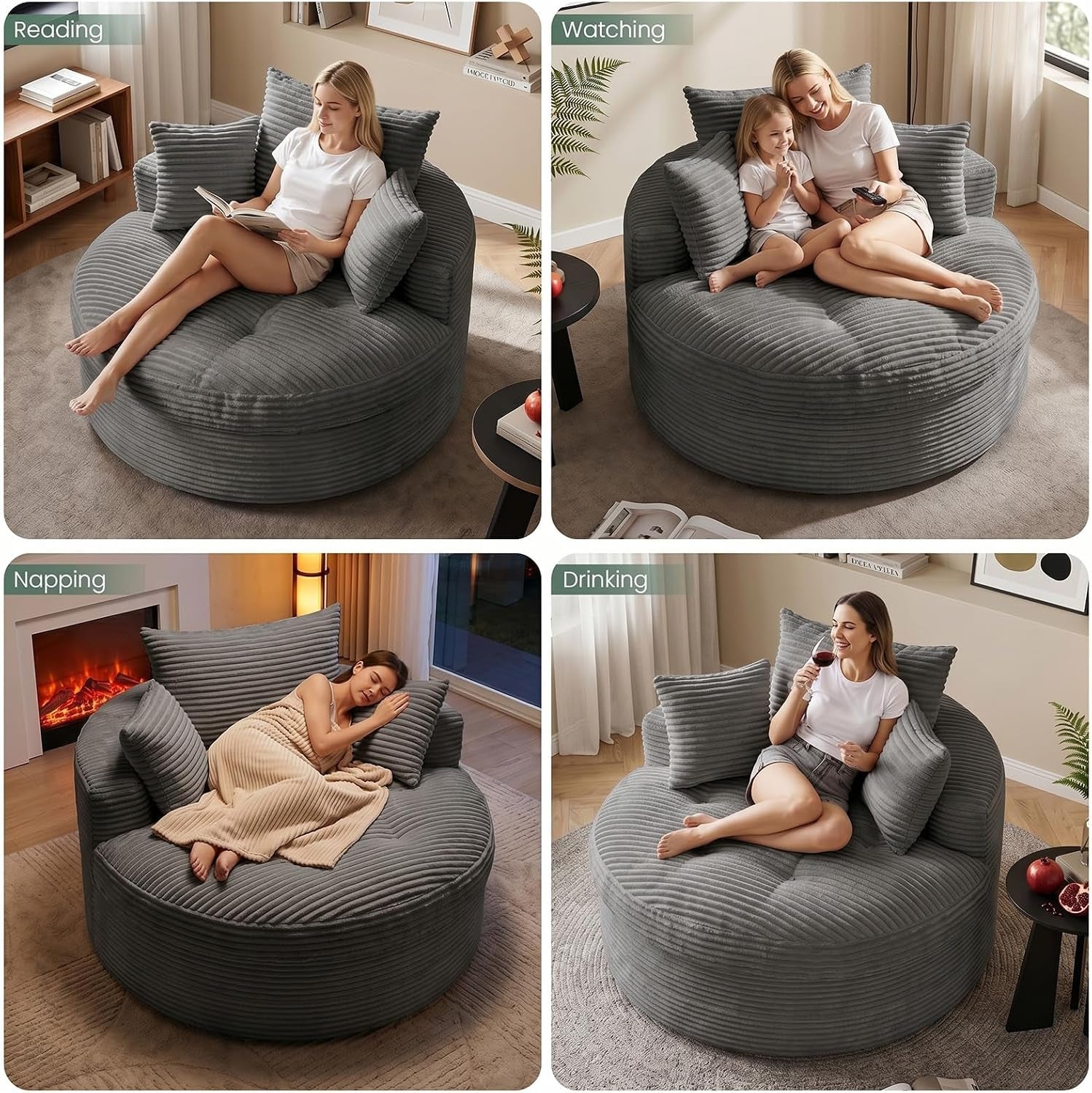 Four-shot lifestyle grid showing the gray round chaise used for reading, watching, napping and drinking with people on it.